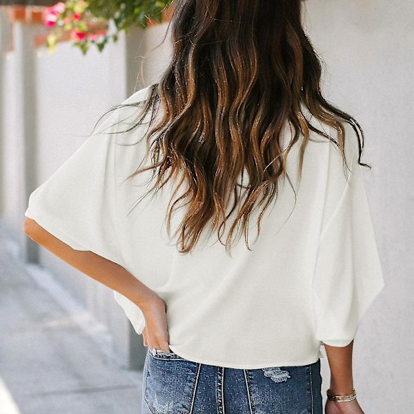 Ruched Toppar Dam V-hals Kort Batwing-ärm Lös Ren Färg Dam Casual Blus För Fest Kontor Resor White S