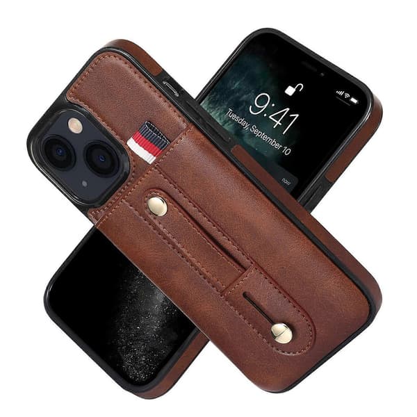 Armbandsställ Plånbok Läder Telefonfodral För iPhone 14 Brown