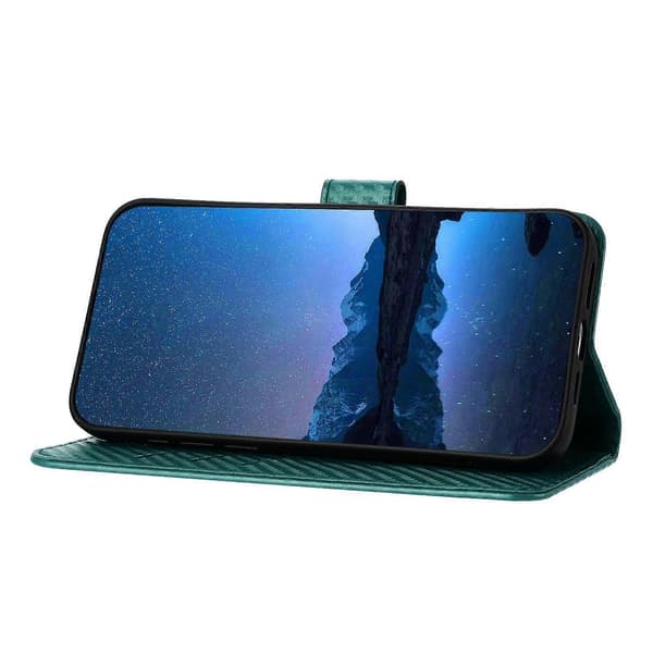 Plånboksfodral för iPhone 16 Plus med rem, kolfibertextur läder mobilskal Blackish Green