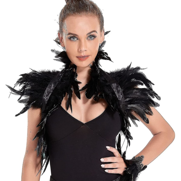 Gothic Black Rooster Plume Shrug Shoulder Bit Wrap Maleficent Halloween-kostym för kvinnor XXF