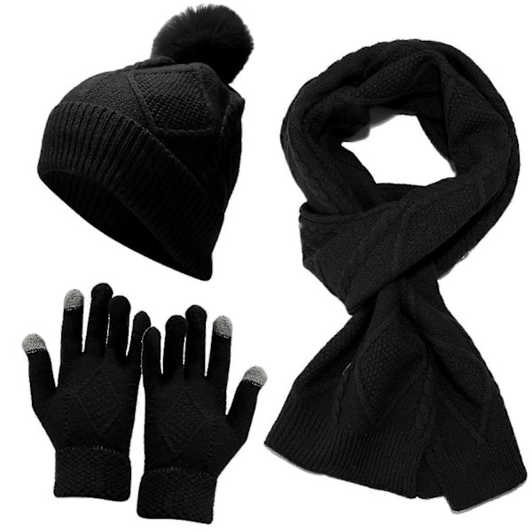 3-delars Set Vinterhatt, Halsduk och Vantar för Män - Tjock Stickad, Varm, Elastisk Öron- och Fingerskydd Black