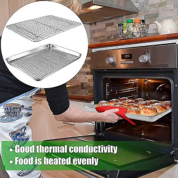 Bageplade i rustfrit stål med rist, non-stick kraftig varmebestandig rektangulær bageplade til bagning, stegning, grillning