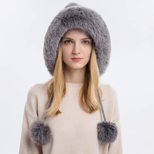 Dam vinter Peruvian öronbeklädnad Beanie Hat Öronklaffar Sherpa Skidmössa Stickad Fleecefodrad 3 Pom Grey Solid One Size