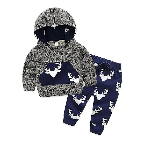 Söt Bebis Nyfödd Kläder Huvad Tröja & Byxa Set Dark Grey 3M