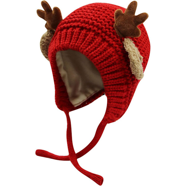 Sød Hjorte-Elg Gevir Baby Hat Vinter Varmt Plys Strikket Ørevarmer Bonnet Drenge Piger Kasket Beanie med Hakesnor Red One Size