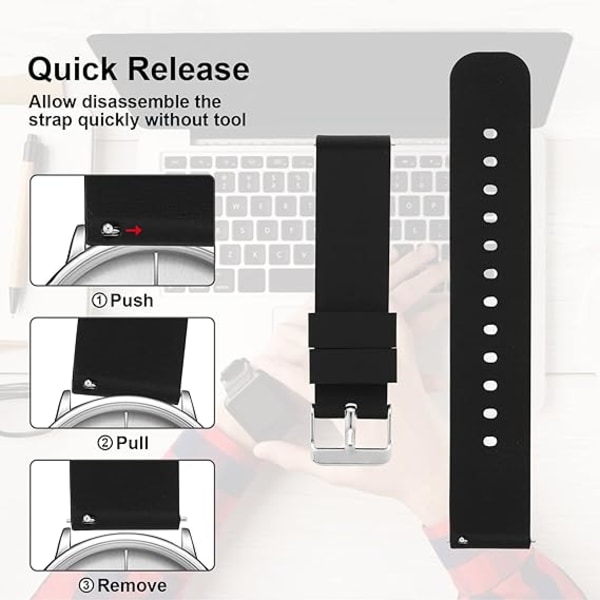 2-pakke silikonklokkeremmer vanntette hurtigutløser med svart eller sølv rustfritt stålspenne kompatibel med smartklokke sportsbånd (22 mm)