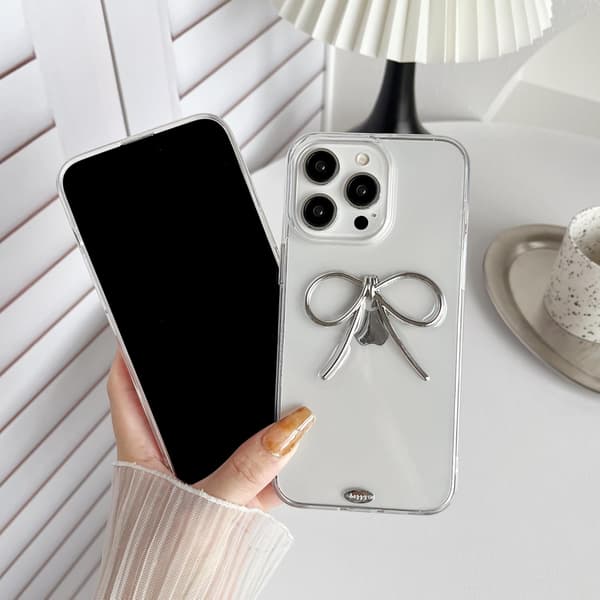 (Silver, för iPhone 14 Pro) Enkelt 3D Rosett Klart Mjukt Mobilskal
