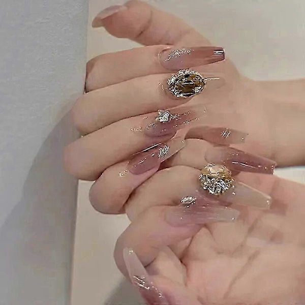 24 st Lösnaglar Fransk Gradient Balett Falska Naglar Tryck på Naglar Svart Hjärta Strass Design Glitter Full Täckning Nagelspetsar 14