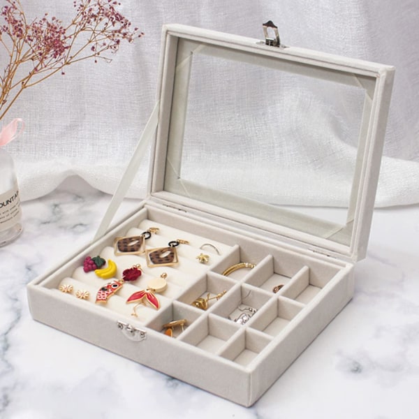 Smykkeæske med glaslåg, 9-rums smykkeæske, rejse-flocked halskæde, øreringe, ring smykkeæske, transparent smykkeopbevaringsæske, beige