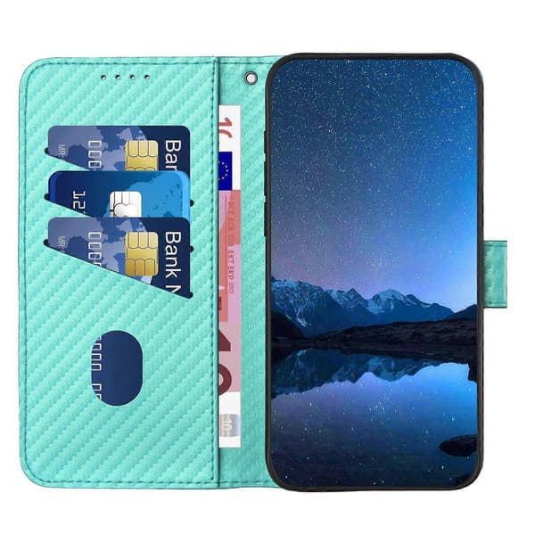 Plånboksfodral för iPhone 16 Plus med rem, kolfibertextur läder mobilskal Light Blue
