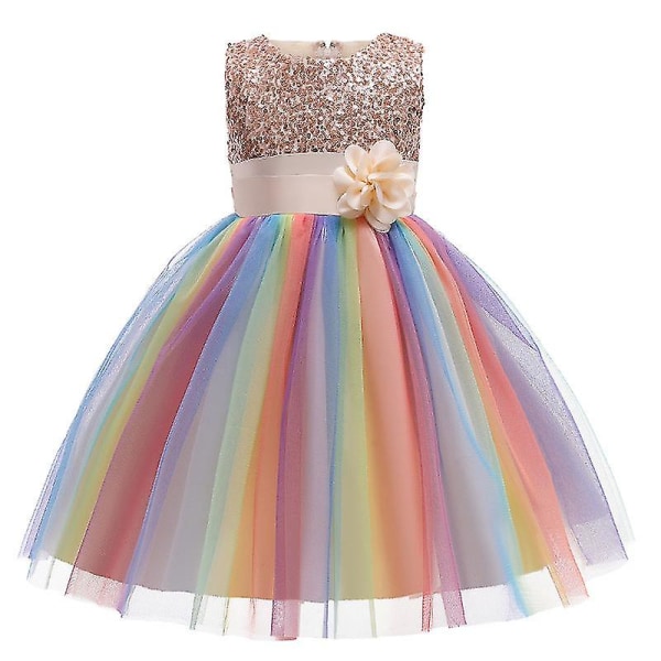 Jenter Paljettkjole Rainbow Tutu Bursdagsfest Prinsessekjole Pageant Kjole Blomsterkjole Champagne 130cm(6-7T)