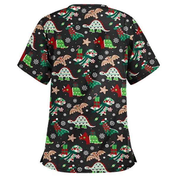 Joulu Naisten Hoitopuku Scrub Lyhythihainen T-paita Joulupaita T-paita Topit-l-dinosaur Musta