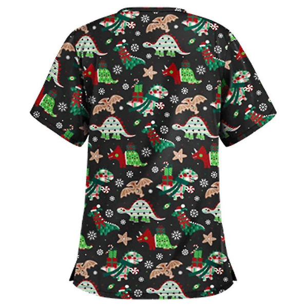 Jul Kvinnor Omvårdnad Uniform Scrub Kortärmad T-shirt Xmas Blus Tee Toppar-l-dinosaurie Svart