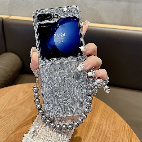 Fodral för Samsung Galaxy Z Flip 6 med Pärlband, Vattenvågsmönster Smalt PC Stötsäkert Skyddande Omslag för Kvinnor Flickor Silver For Galaxy Z Flip 6
