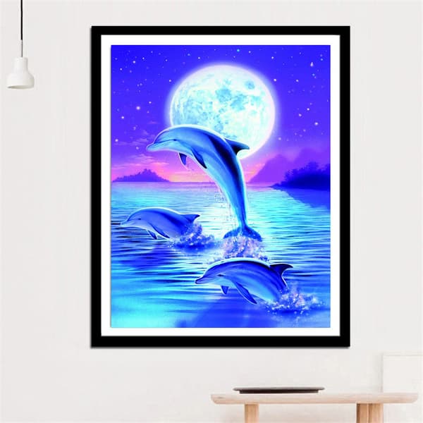 Blå dröm 5D diamantmaling DIY-sett måne delfin (40x30cm)