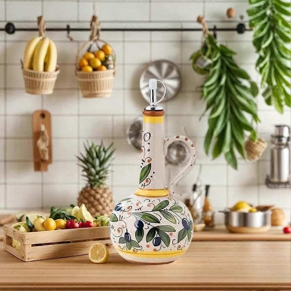 Keramisk olivenoljedispenserflaske 680 ml, olivenoljedispenserflaske i keramikk, oljedispenser i keramikk med tut i rustfritt stål