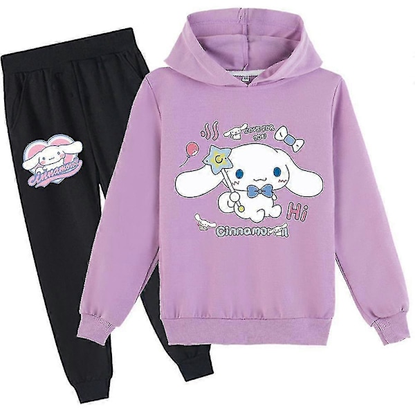 Cinnamoroll Print Tracksuit Sæt til Piger - Trøje med Hætte, Sweatshirt, Joggingbukser, Casual Outfit, Gave -NMAOV Purple 9-10 Years
