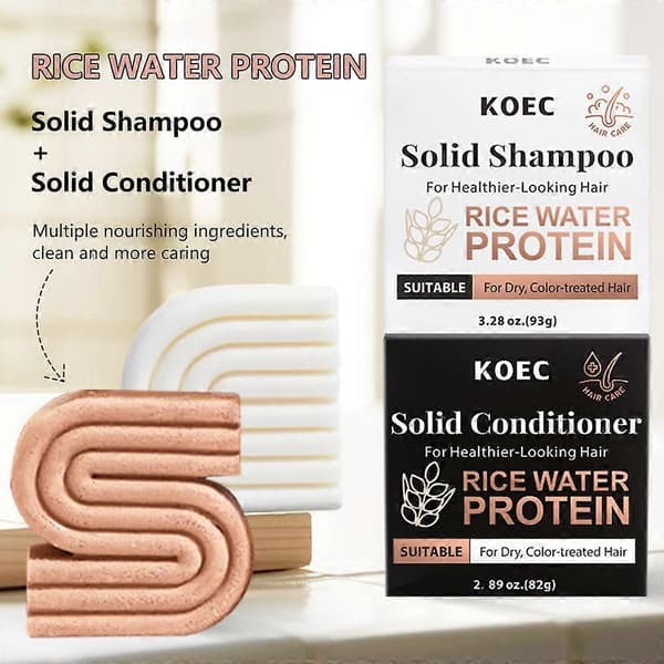 Risbar Shampoo & Balsam Sæt til Hårvækst - Solid Shampoo & Balsam Bar Sæt til Styrkelse af Hår - Risvand Shampoo Bar & Balsam Rice Shampoo + Conditioner