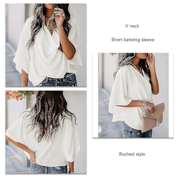 Ruched Toppar Dam V-hals Kort Batwing-ärm Lös Ren Färg Dam Casual Blus För Fest Kontor Resor White L