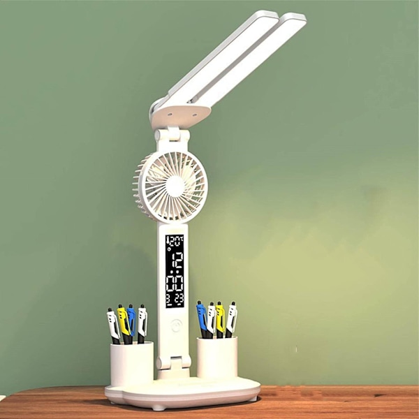 Bordlampe for barn LED skrivebordslampe med vifte Sammenleggbare bordlamper med klokke Dato Temperatur Øyebeskyttelse Studielampe Leselampe