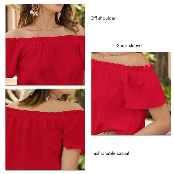 Kvinde Solid Farve Kortærmet Ruffle Trim Off Shoulder Løs Sommer Bluse Rød