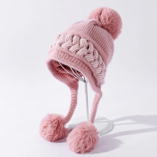 Dam vinter Peruvian öronbeklädnad Beanie Hat Öronklaffar Sherpa Skidmössa Stickad Fleecefodrad 3 Pom M1392-hanfen One Size