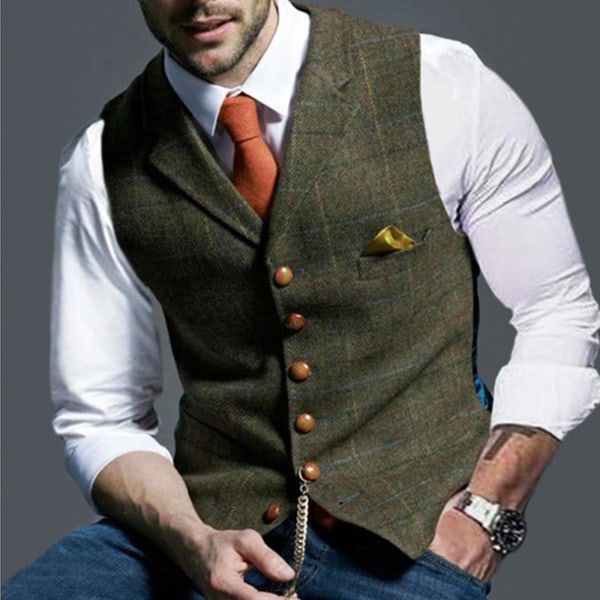Miesten Lattice Turndown Slim Fit Vest Suit Business liivi Khaki XXXL