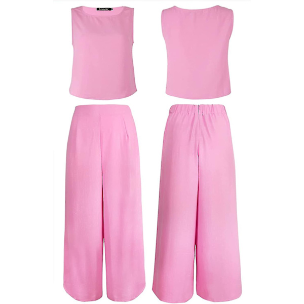 Roylamp Sommer-outfits til kvinder i 2 dele Rundhalset Crop Basic Top Beskåret Bukser med brede ben, Jumpsuits Light Cherry Pink X-Small