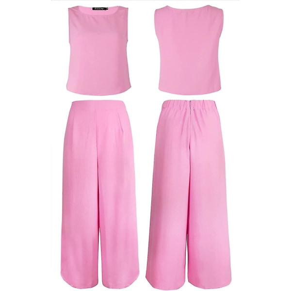 Roylamp Women's Summer 2-delade outfits Rundhalsad Crop Basic Top Beskuren Byxa Set med vida ben Jumpsuits Light Cherry Pink X-Small