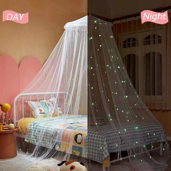 1 set pimeässä hohtava Polyester Stars Princess Dome -sängyn katos White M