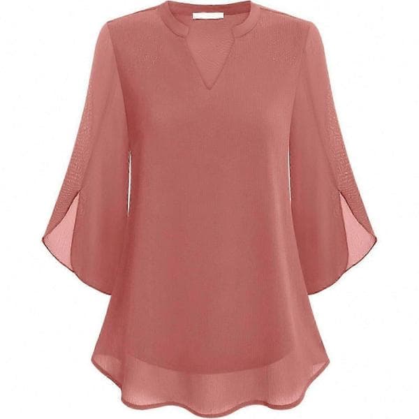 Dame Flæsebluser Afslappet V-hals Dobbeltlag Chiffon 3/4 Ærmer Toppe Sort Blue M