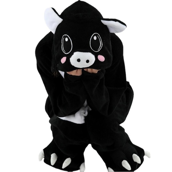 Animal Onesie Dam Flanell Pyjamas Set Vuxen Unisex Män Halloween Gris Cosplay Kostym Par Sovkläder Barn Jul Jumpsuits Black Pig 4T (Height 85-104CM)