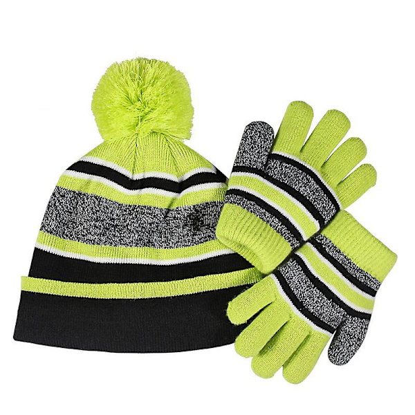 Handskar Tvådelad Set Vinter Fleecefodrad Varm Barn Femfingrade Stickade Kalla-bevis Brittisk Hatt Green Average size