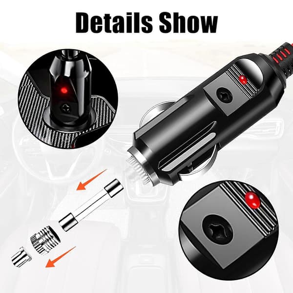 Cigaretter Lighter Hanstik 12V Sikret Erstatning, Hanstik Cigaretter Lighter Adapter med Ledninger & LED Lys 30CM