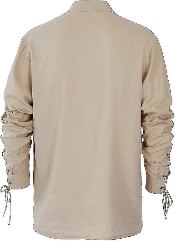 Langermet linskjorte for menn med snøring V-hals Viking Middelalder Pirat Topp Beige Medium