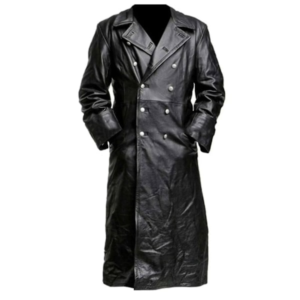 Tysk Klassisk Officer Ww2 Militær Uniform Sort Læder Trenchcoat Black M