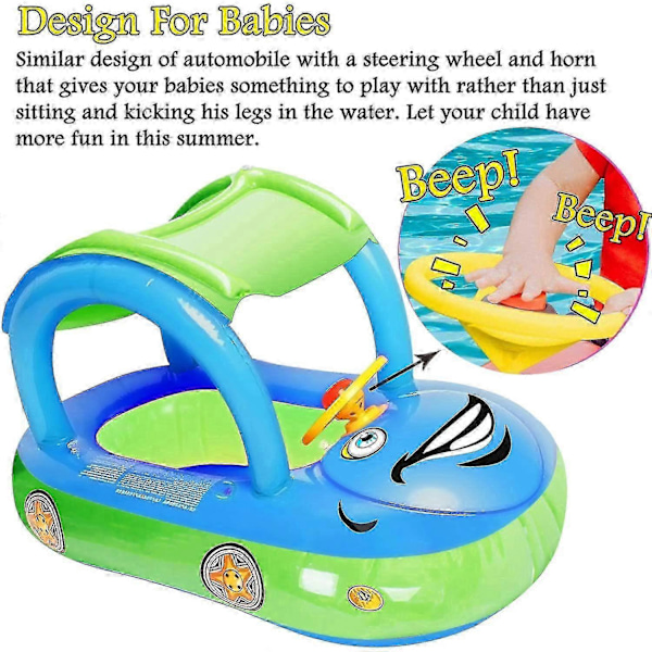 Uppblåsbar Baby Pool Float med Solskydd, Bilformad Badbåt för Spädbarn Småbarn Barn Blue