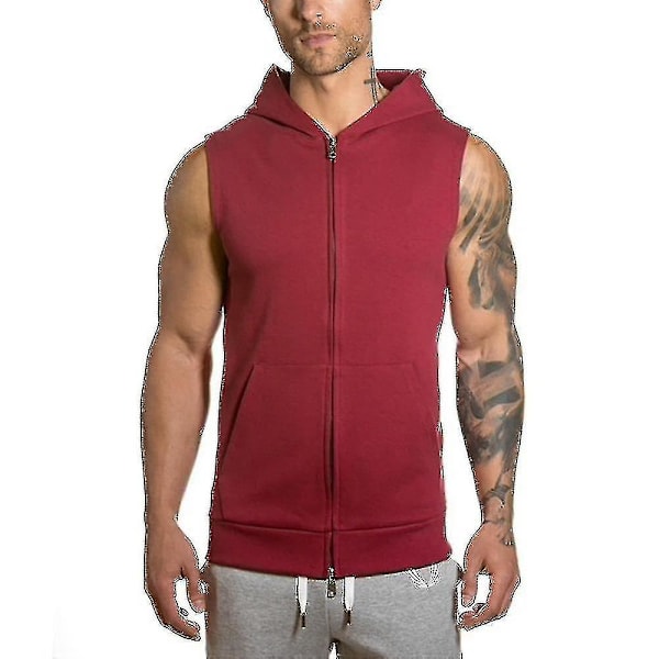 Menn Ermeløs hettegenser Zip Up hettegenser Top Gym Sport Gilet Coat Jacket Wine Red M