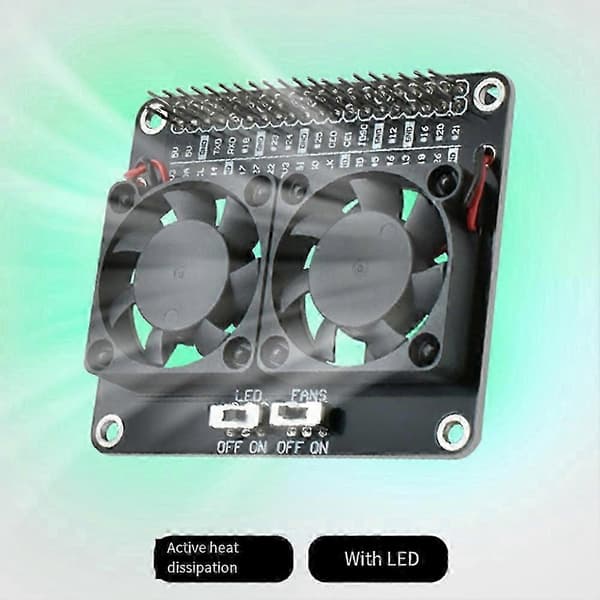 kompatibel med Raspberry Pi 4B/5B dubbelfläktradiator med grön LED black