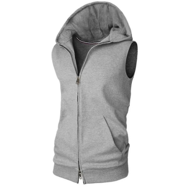 Män ärmlös hoodie Zip Up Hooded Sweatshirt Top Gym Sport Gilet Coat Jacka Grey S