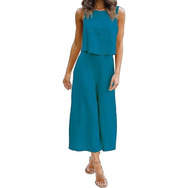 Roylamp Women's Summer 2-delade outfits Rundhalsad Crop Basic Top Beskuren Byxa Set med vida ben Jumpsuits Lake Blue X-Small