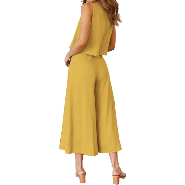 Roylamp sommerantrekk for kvinner i 2 deler Rundhalset Crop Basic Topp Beskåret buksesett med brede ben, Jumpsuits Ginger Yellow Small