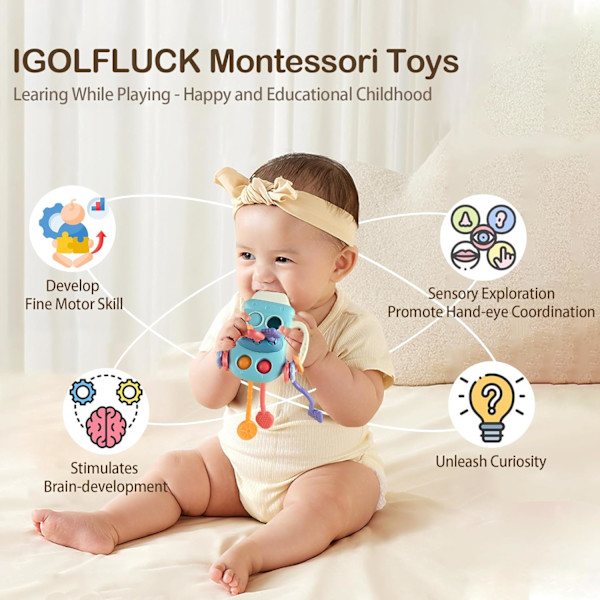 Baby Sensorisk Montessori Legetøj til 6-12-18 Måneders Babyer, Fødevaregodkendt Silikone Trækstreng Tandrelegetøj, Sensorisk Aktivitetslegetøj Bottle-Blue