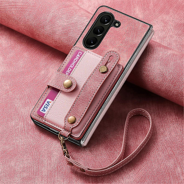 Z Fold 6 -kotelo, Nahkainen lompakko-kotelo Samsung Galaxy Z Fold 6:lle korttipaikalla ja rannehihnalla, iskunkestävä suojakotelo Pink