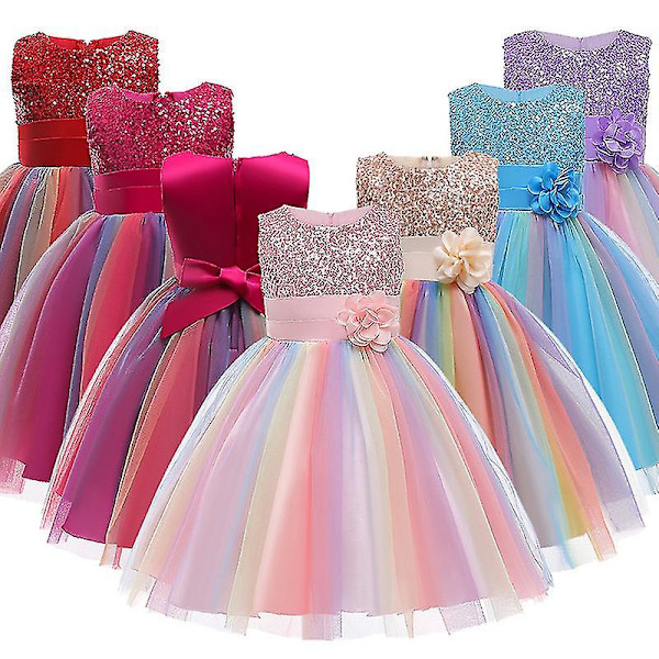 Tyttöjen paljettimekko Rainbow Tutu Syntymäpäiväjuhla Prinsessamekko Näyttelypuku Kukkamekko Red 100cm(3-4T)
