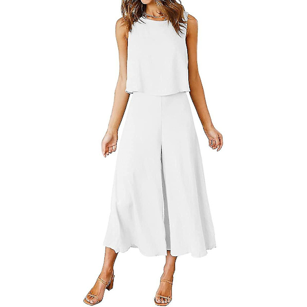 Roylamp Sommer-outfits til kvinder i 2 dele Rundhalset Crop Basic Top Beskåret Bukser med brede ben, Jumpsuits White X-Small