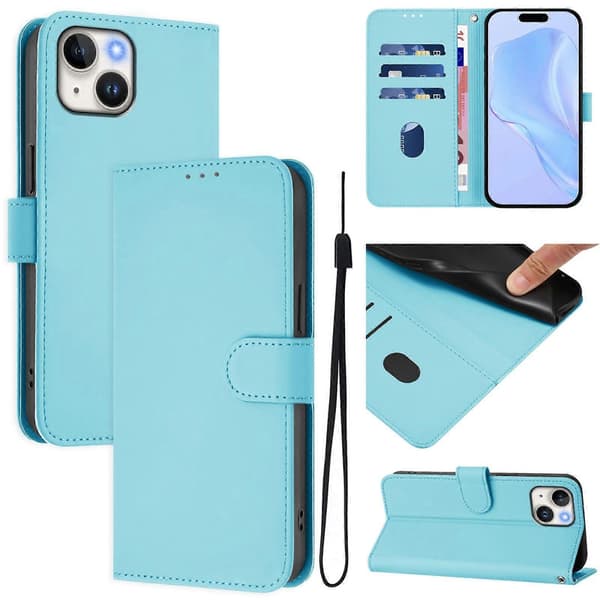 Skinnkänsla Läder Telefonfodral För iPhone 14 / 13 Sky Blue