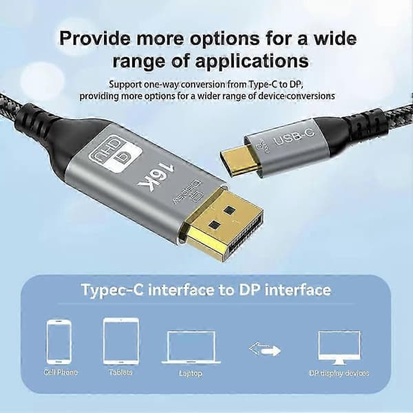 16K USB-C til DisplayPort 2.1-kabel, 8K 60Hz 4K 240Hz, 80Gbps