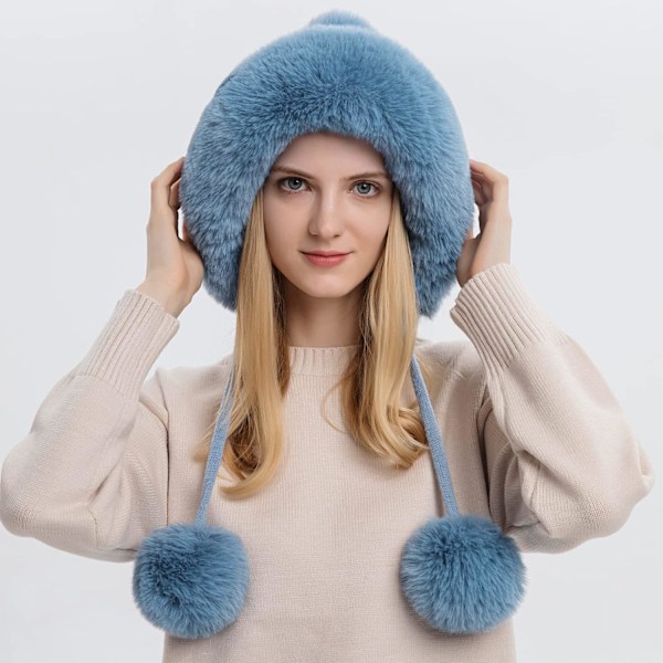 Dam vinter Peruvian öronbeklädnad Beanie Hat Öronklaffar Sherpa Skidmössa Stickad Fleecefodrad 3 Pom Blue One Size