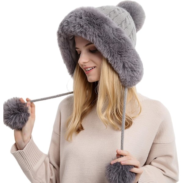 Dam vinter Peruvian öronbeklädnad Beanie Hat Öronklaffar Sherpa Skidmössa Stickad Fleecefodrad 3 Pom Grey Solid One Size